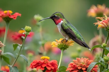Fototapeta premium Male Ruby-throated Hummingbird Perched on a Branch