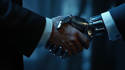An extraordinary handshake unfolds as a human businessman grips a sleek robotic hand, blending micro-details of fingerprints with advanced synthetic textures in soft, futuristic lighting