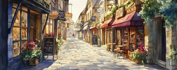 Fototapeta premium Charming european village street with quaint shops and cobblestone path