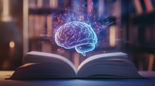 Holographic representation of an AI brain rises from an open book, illustrating the fusion of knowledge and technology in education. The blurred background enhances the innovative atmosphere - Powered by Adobe