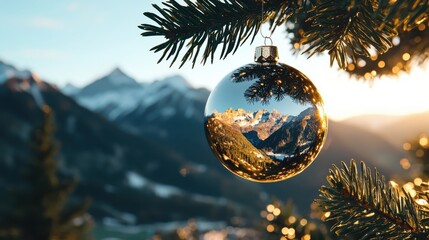 Whimsical christmas ornament reflecting majestic mountains tree decor closeup perspective serene winter landscape