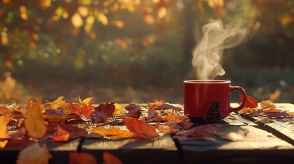 A cozy fall scene with a steaming cup of tea on a wooden table, surrounded by autumn leaves in warm hues, creating a tranquil atmosphere filled with the essence of autumn.