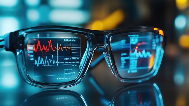 Sleek smart glasses showcase vital health metrics like heart rate and hydration levels through augmented reality, offering cutting-edge insights in a high-tech environment