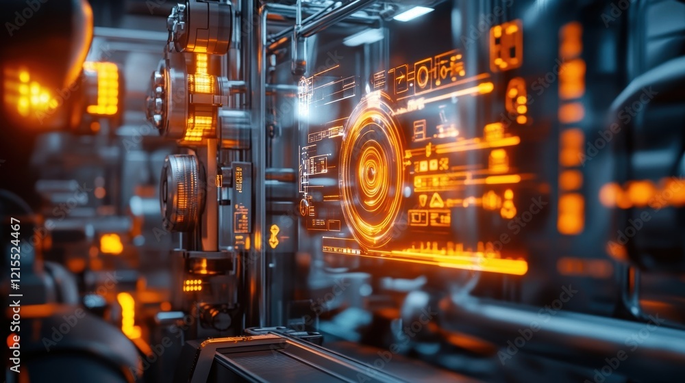 Poster complex machinery and digital interface displaying data analysis in a futuristic industrial setting,