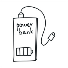 Portable power bank with USB cable and battery indicator doodle. External charger for mobile devices, smartphones. Hand-drawn line art illustration for tech, gadget, and energy-saving designs.