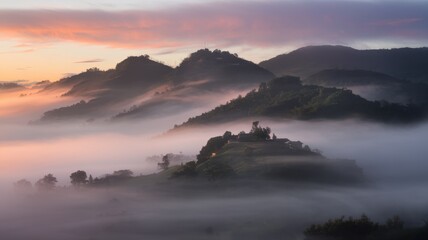 Fototapeta premium A tranquil landscape at dawn, featuring rolling hills shrouded in mist and soft pastel skies, creating a serene and mystical atmosphere.
