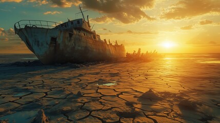 On a parched ocean bed, survivors brave the scorching sun, scavenging for precious water amid cracked earth and abandoned vessels. A stark depiction of global drought and survival