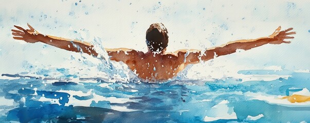 Back view of swimmer splashes water - male caucasian adult in pool