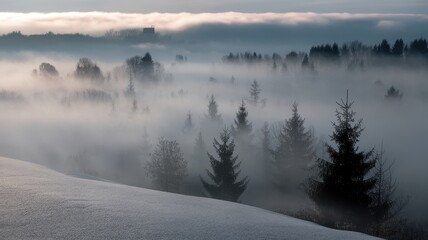 Naklejka premium A serene winter landscape featuring a foggy forest of evergreen trees, creating a tranquil atmosphere with soft hues and a sense of stillness.