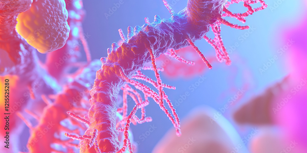 Poster microscopic structure rendering: pink central element with beaded appendages