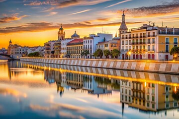 Obraz premium Seville's Triana: Guadalquivir River & Historic Architecture, Spain