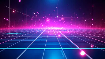 Video with a mesmerizing digital realm with a futuristic, abstract landscape of glowing blue lines on a dark background. The grid pattern exudes depth and perspective, enhanced by animated lines