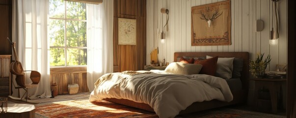 Cozy sunlit rustic bedroom with wooden decor and comfortable bed