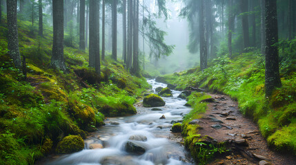 Obraz premium Enchanting woodland trail with mist and stream, woods, creek. Enchanted River. Illustration