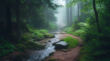 Obraz premium Enchanting woodland trail with mist and stream, woods, creek. Enchanted River. Illustration