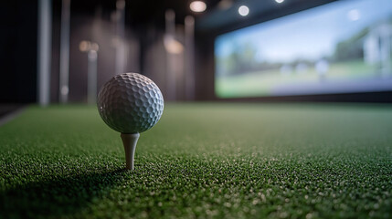 A close-up of a golf ball resting on a tee in an indoor virtual golf simulator, emphasizing precision, sport, and advanced technology in golf training.