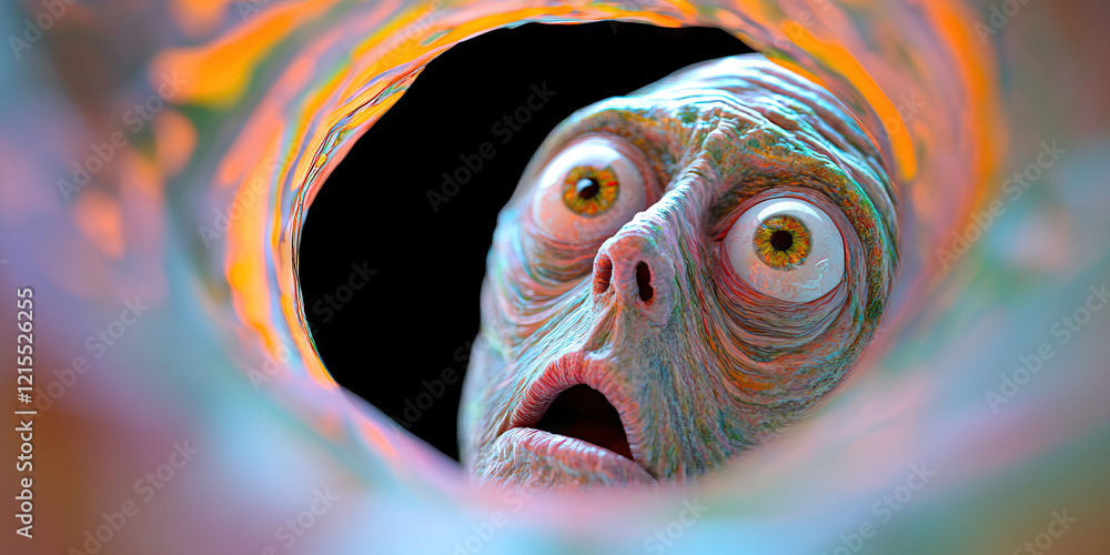 Poster digital rendering of a surprised creature's face in a translucent tunnel