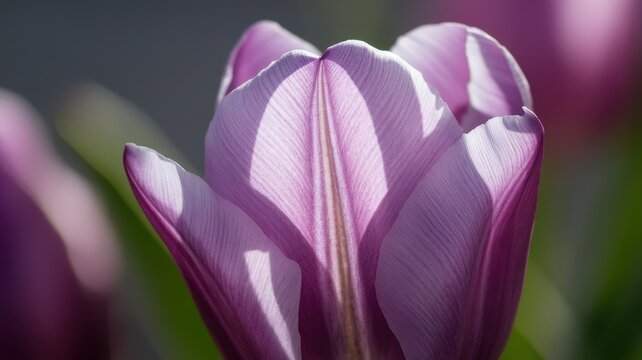 A close-up of a delicate pink tulip petal, showcasing its soft texture and intricate patterns, illuminated by warm sunlight.