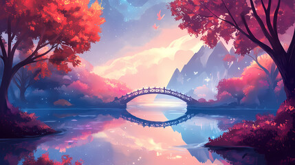 Reflected landscape with river and bridge in magical mystical forest. Enchanted River. Illustration