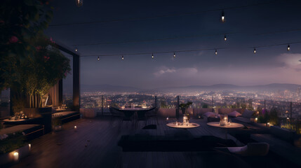A luxurious rooftop lounge featuring sleek modern furniture, decorative plants, a built-in bar,