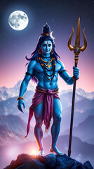 Blue-skinned Lord Shiva, athletic and beautiful, stands on Kailash mountain, holding a trident