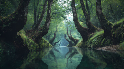Fototapeta premium There is a river in the midst of an enchanted forest of asturias, surrounded by crooked trees. Enchanted River. Illustration