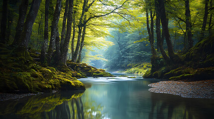There is a river in the midst of an enchanted forest of asturias, surrounded by crooked trees. Enchanted River. Illustration