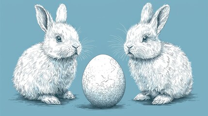 Two White Rabbits Beside A Large Easter Egg