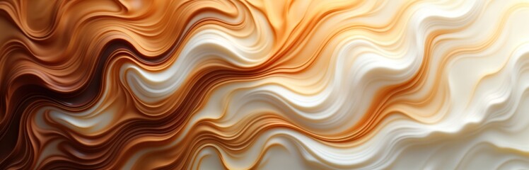 Abstract art photo shows swirling coffee, milk. Fluid motion creates mesmerizing colors, textures. Rich shades of brown, white blend beautifully. Close-up view of latte cappuccino-like mixture.