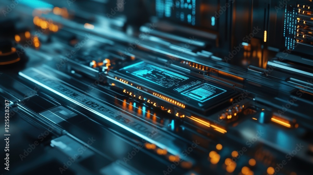 Poster complex integrated circuit board performing calculations and processing data with glowing neon light