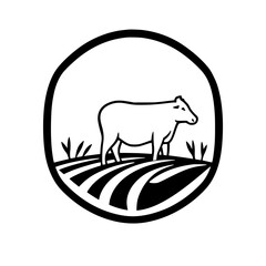 Majestic Cow in a Serene Farmland: A Captivating Black and White Vector Illustration