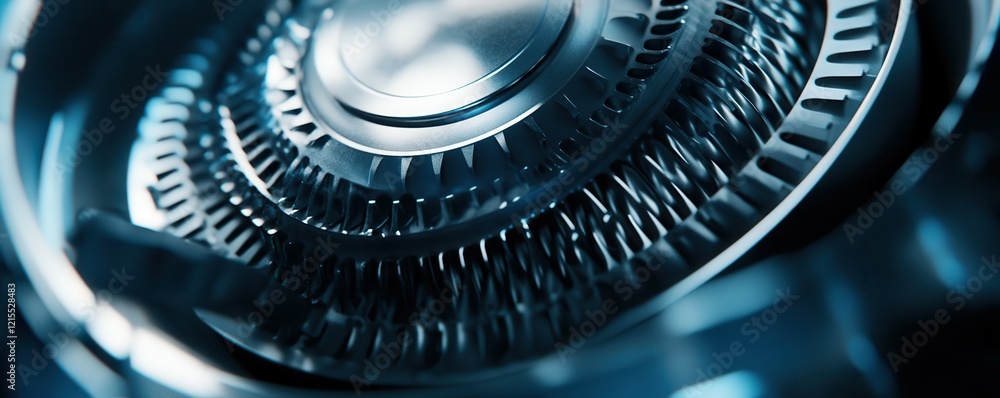 Poster close-up of metallic gears with intricate mechanical design