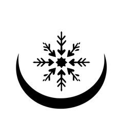 Crescent Moon and Snowflake: A Symbolic Winter Design.  A minimalist black and white illustration, perfect for cultural or religious themes, holidays, and winter designs.