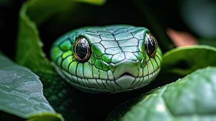 Fototapeta premium Green snake head, rainforest leaves, closeup, wildlife