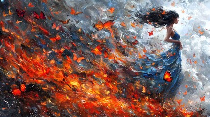 "Enchanting Young Woman in Blue Dress on Ship Amidst Fog and Butterflies – 4K Realistic Scene"