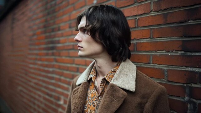 A young man with shoulder-length dark hair stands against a brick wall, looking pensively to the side.  His brown coat and patterned shirt add a touch of vintage style. Fashion of the 1970s