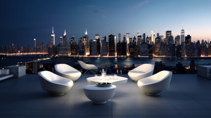 A luxurious rooftop lounge featuring sleek modern furniture, decorative plants, a built-in bar,