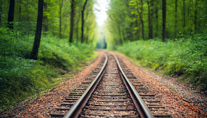 Obraz premium tilt shift nature photography beautiful railway track in forest with vibrant color and lush greenery