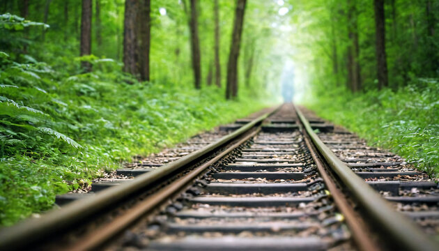 tilt shift nature photography beautiful railway track in forest with vibrant color and lush greenery