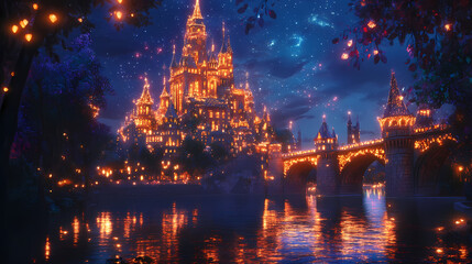 Obraz premium A magical depiction of europe landmarks, such as castles and cathedrals, glowing with mystical light and surrounded by enchanted forests and sparkling rivers. Enchanted River. Illustration