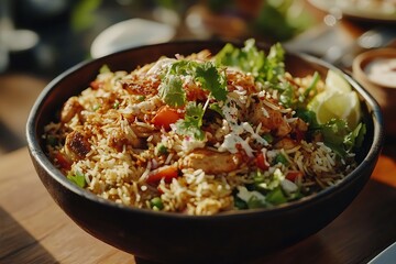 A detailed shot of a homemade chicken biryani, with layers of spiced rice, chicken, and garnished with coriander and fried onions, served with a fresh, cool side of raita and salad.