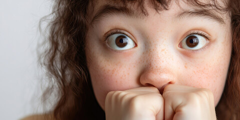 Close-up of a Freckled Girl with Wide Eyes and Clenched Hands