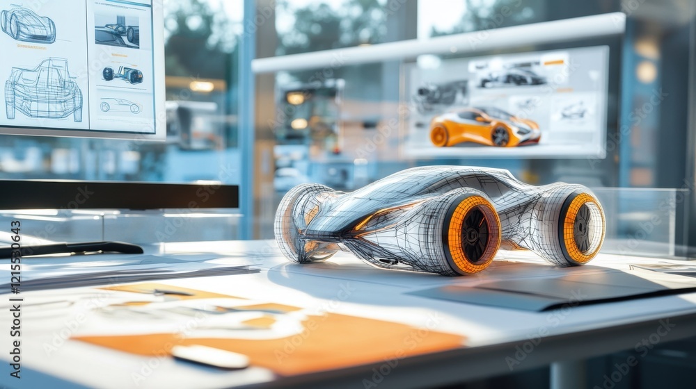 Poster futuristic electric car prototype displayed on a desk in a modern automotive design studio, showcasi
