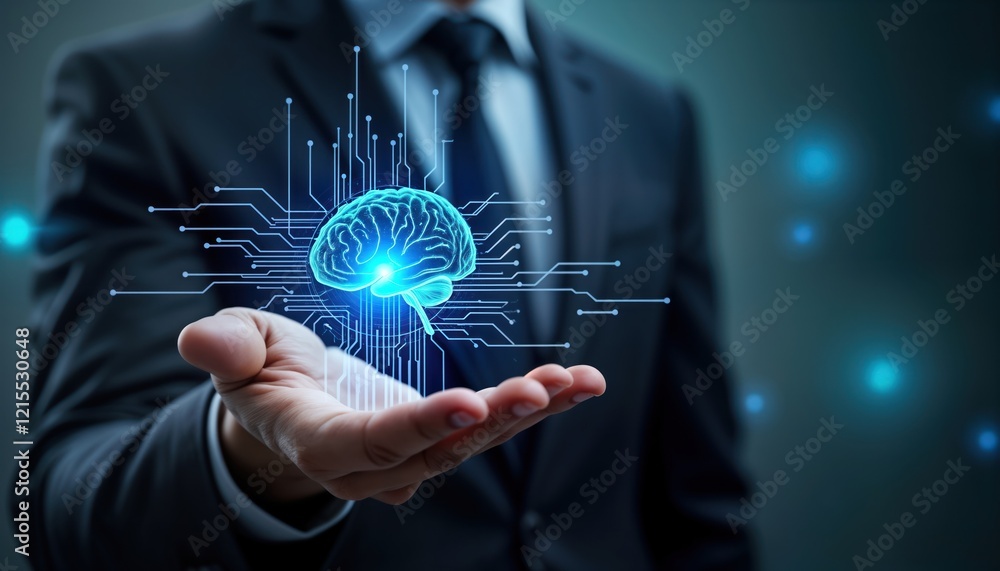 Poster businessman holds digital brain graphic in hand. ai tech concept. modern business future. artificial