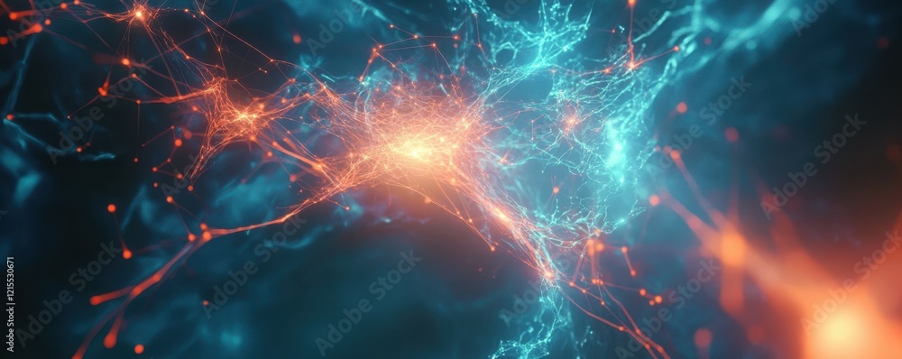 Poster neural connections and synapses in a vibrant abstract network visualization