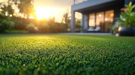 Lush backyard artificial grass at sunset with modern home