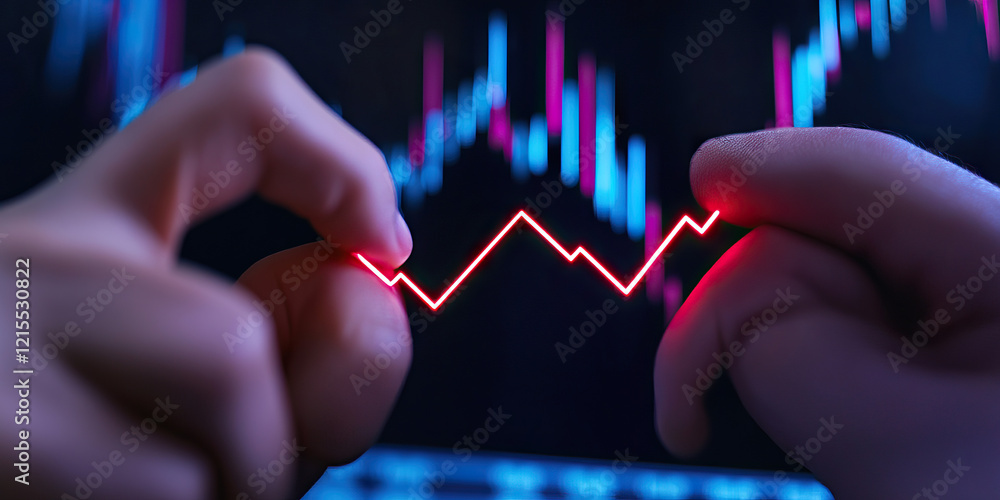 Poster hands interacting with red line graph overlaid on candlestick chart