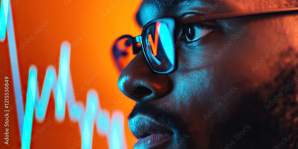 Poster man observing line graph data reflection in glasses