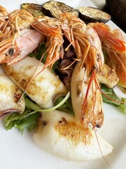 Gourmet seafood platter with grilled prawns and squid on fresh greens