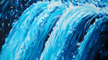 Artwork captures enchanting and vibrant color qualities of a blue waterfall, highlighting its mesmerizing turquoise or azure colors and contrasting scenery. Enchanted River. Illustration